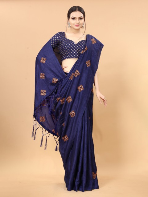 

KALINI Navy Blue & Gold-Toned Floral Embroidered Heavy Work Saree