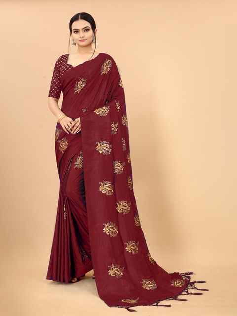 

KALINI Maroon & Gold-Toned Floral Embroidered Heavy Work Khadi Poly Silk Saree