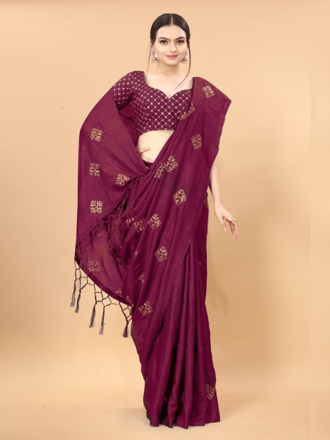 

KALINI Burgundy & Gold-Toned Floral Embroidered Heavy Work Khadi Poly Silk Saree