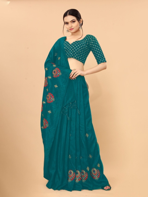 

KALINI Blue & Red Floral Embroidered Saree