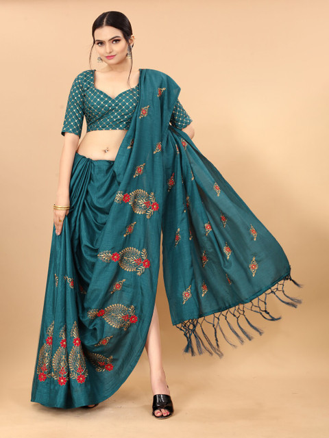 

KALINI Blue & Red Embroidered Heavy Work Khadi Poly Silk Saree