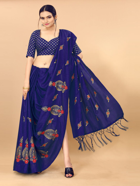 

KALINI Navy Blue & Red Gold-Toned Ethnic Motifs Embroidered Saree