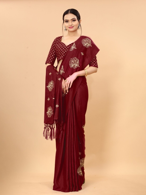 

KALINI Maroon & Gold-Toned Floral Embroidered Saree