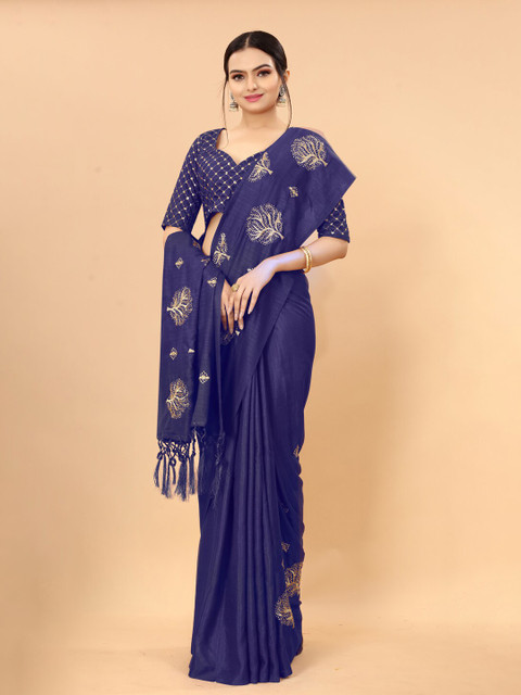 

KALINI Navy Blue & Gold-Toned Ethnic Motifs Embroidered Heavy Work Saree