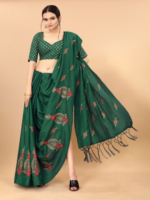 

KALINI Green & Red Ethnic Motifs Embroidered Heavy Work Khadi Poly Silk Saree