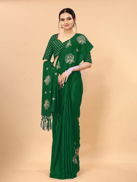 

KALINI Green & Gold-Toned Floral Embroidered Heavy Work Saree