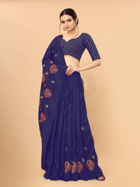

KALINI Navy Blue & Red Gold-Toned Ethnic Motifs Embroidered Saree