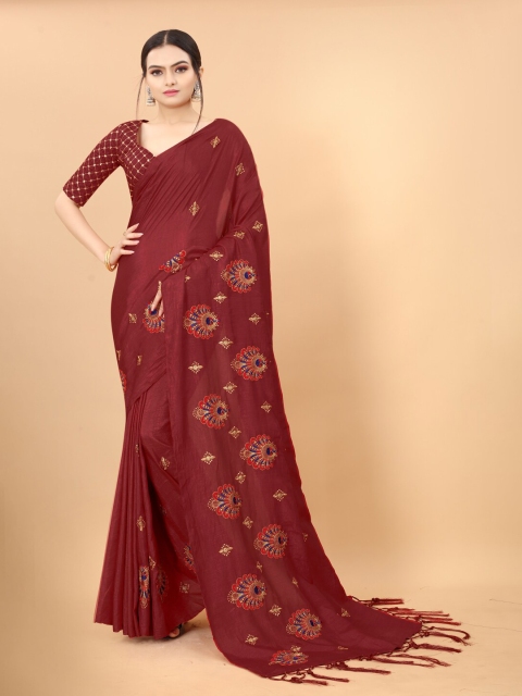 

KALINI Maroon & Gold-Toned Floral Embroidered Heavy Work Khadi Poly Silk Saree