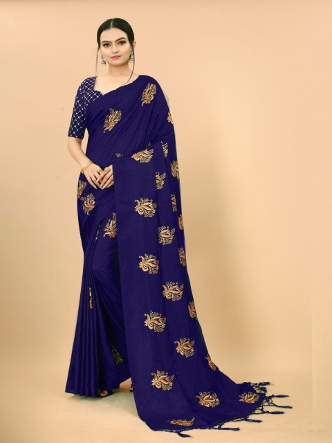 

KALINI Navy Blue & Gold-Toned Floral Embroidered Saree