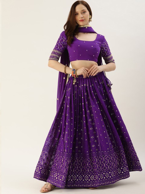 

LOOKNBOOK ART Purple & Gold-Toned Embellished Sequinned Semi-Stitched Lehenga & Unstitched Blouse With