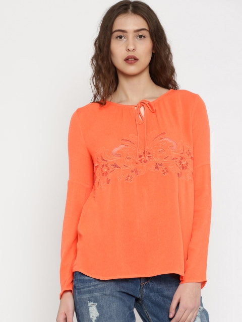 

Vero Moda Women Coral Orange Self-Design Pure Cotton Top