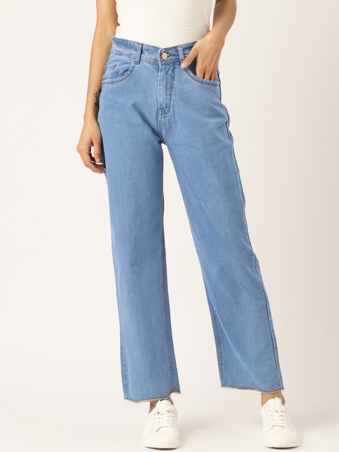 

BROOWL Women Blue Loose Wide Leg Stretchable Cotton Cropped Jeans