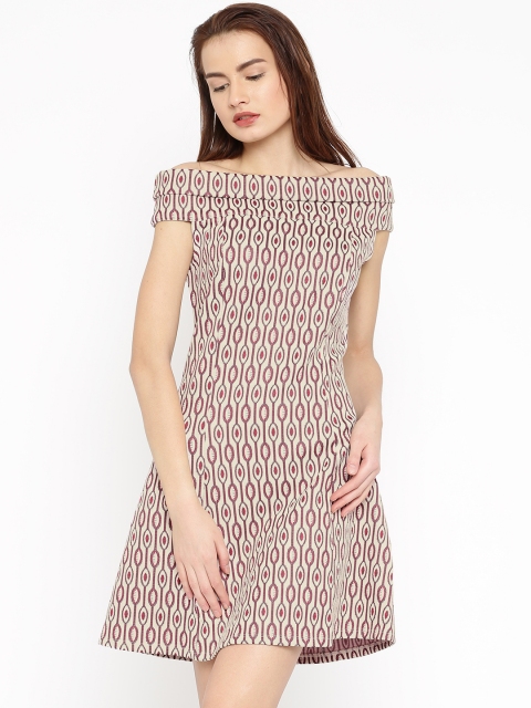 

Vero Moda Women Maroon & Beige Self-Design Off-Shoulder Dress