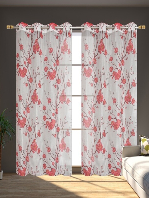 

Molly & Michel White & Maroon Set of 2 Floral Sheer Door Curtains