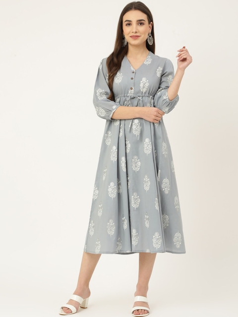 

DECKEDUP Grey & Off-White Ethnic Motifs Printed Cotton Ethnic Empire Midi Dress