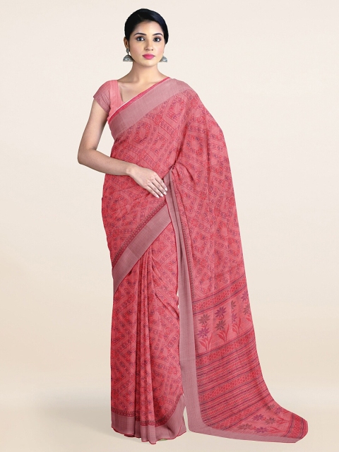 

Pothys Pink Floral Printed Zari Cotton Blend Saree