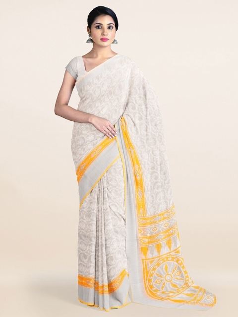 

Pothys Off White & Silver-Toned Printed Zari Cotton Blend Saree