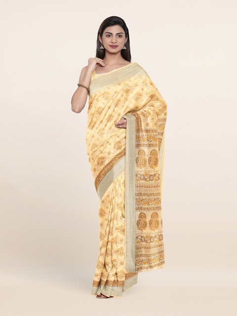 

Pothys Yellow & Silver-Toned Floral Zari Border Cotton Blend Saree