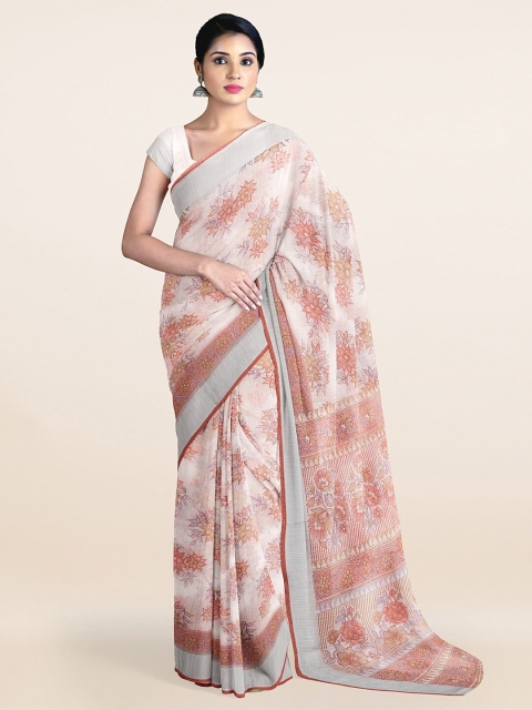 

Pothys Off White & Orange Floral Saree