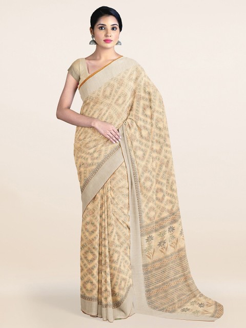 

Pothys Cream-Coloured & Silver Ethnic Motifs Printed Zari Saree