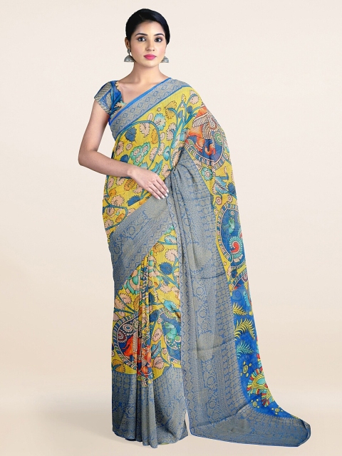 

Pothys Yellow & Blue Floral Printed Zari Pure Cotton Saree