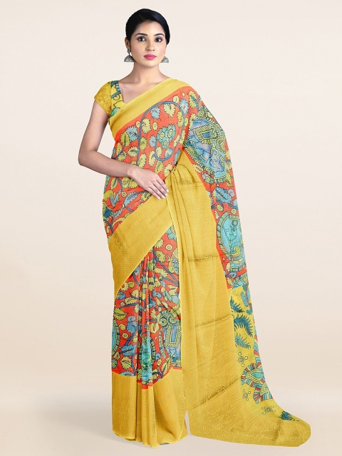 

Pothys Peach-Coloured & Blue Ethnic Motifs Zari Pure Cotton Saree