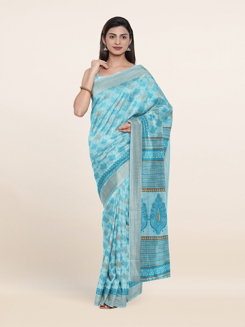 

Pothys Turquoise Blue & Silver-Toned Floral Zari Border Cotton Blend Saree