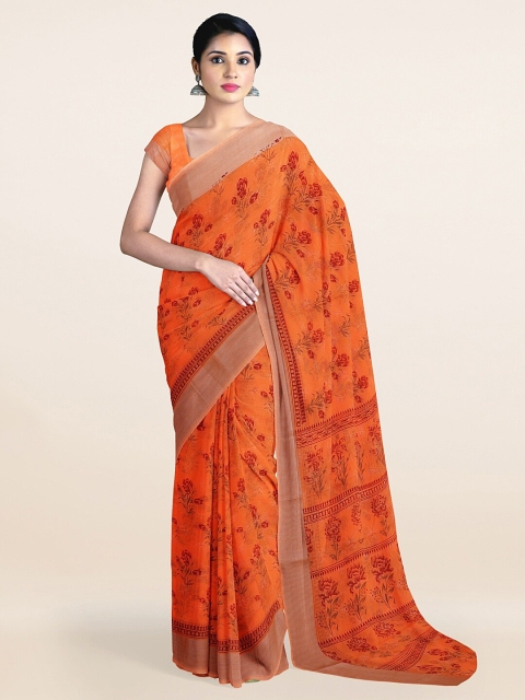 

Pothys Orange & Silver-Toned Ethnic Motifs Zari Saree