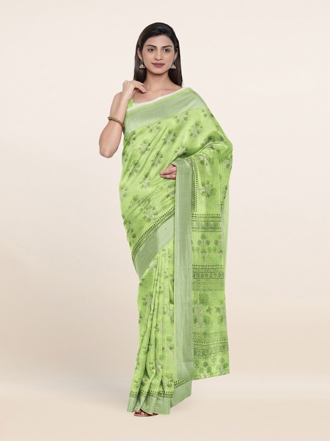 

Pothys Fluorescent Green & Silver-Toned Floral Zari Border Saree