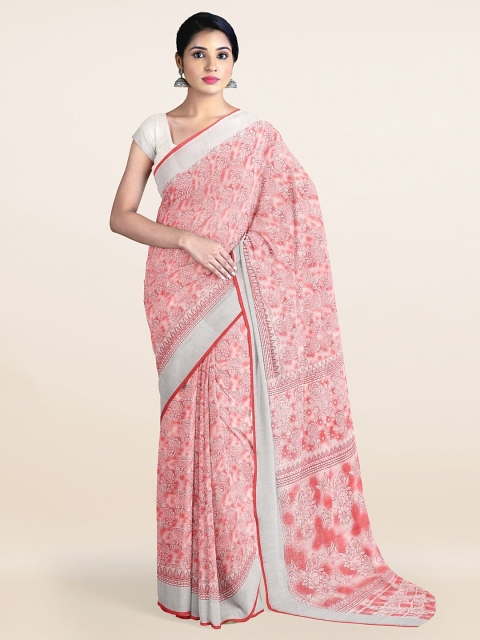 

Pothys Pink & Silver-Toned Floral Zari Border Cotton Blend Saree