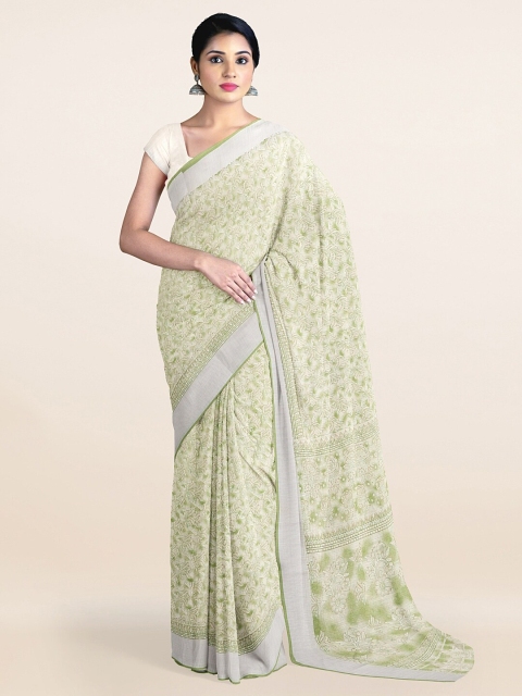 

Pothys Green & Silver-Toned Floral Zari Border Saree
