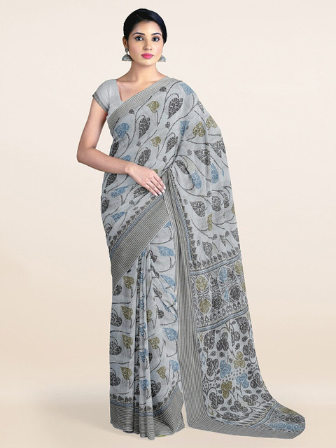 

Pothys Grey & Blue Floral Printed Saree