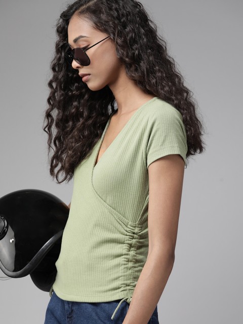 

Roadster Green V-Neck Wrap Tie-Up Ruched Top