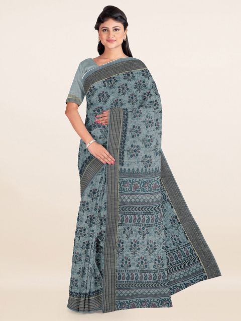 

Pothys Teal Floral Printed Cotton Blend Saree