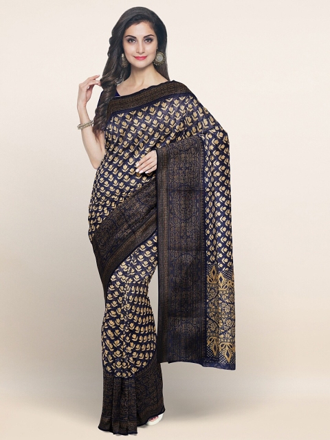 

Pothys Navy Blue & Copper-Toned Floral Jute Silk Saree