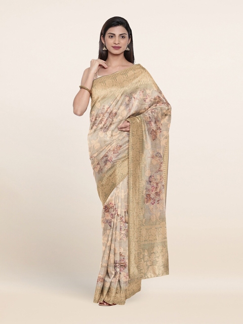 

Pothys Cream-Coloured & Gold-Toned Floral Zari Tissue Saree