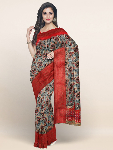 

Pothys Grey & Red Floral Jute Silk Saree