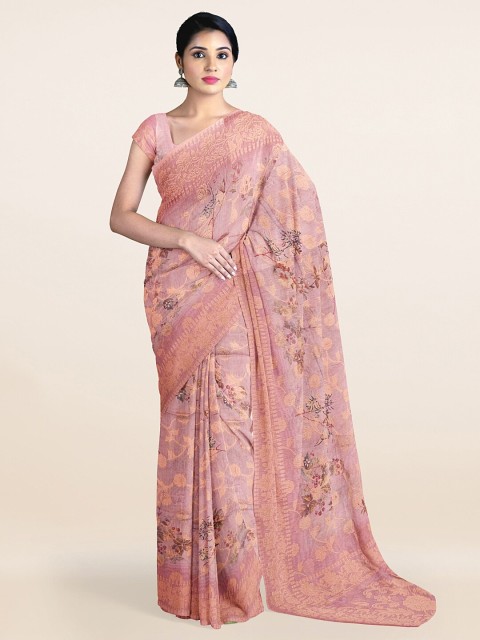

Pothys Peach-Coloured & Brown Floral Tissue Saree