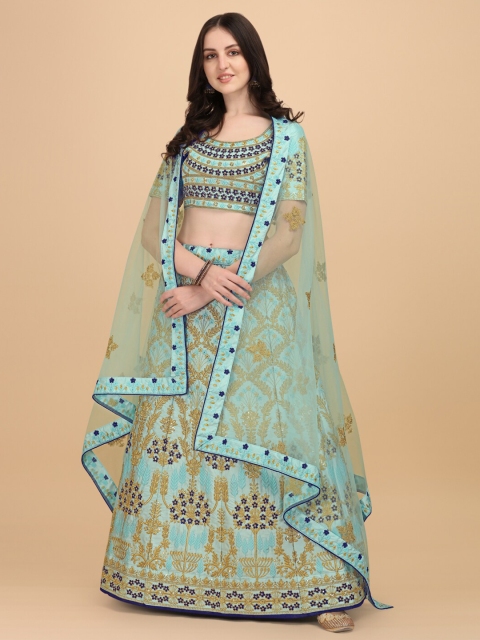

Amrutam Fab Turquoise Blue & Golden Semi-Stitched Lehenga & Unstitched Blouse With Dupatta