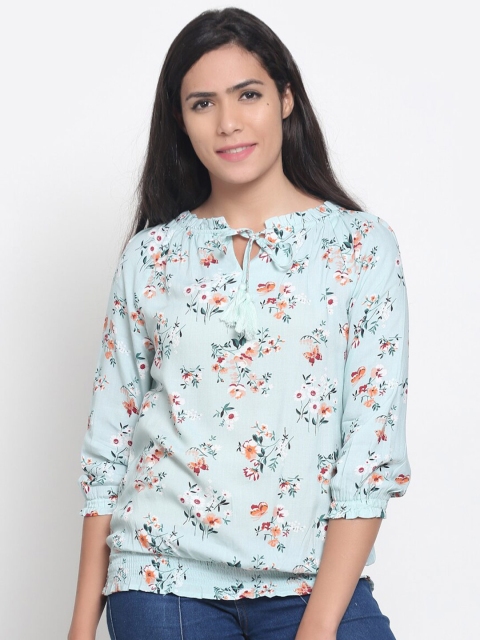 

NoBarr Women Green Floral Print Tie-Up Neck Cotton Blend Top