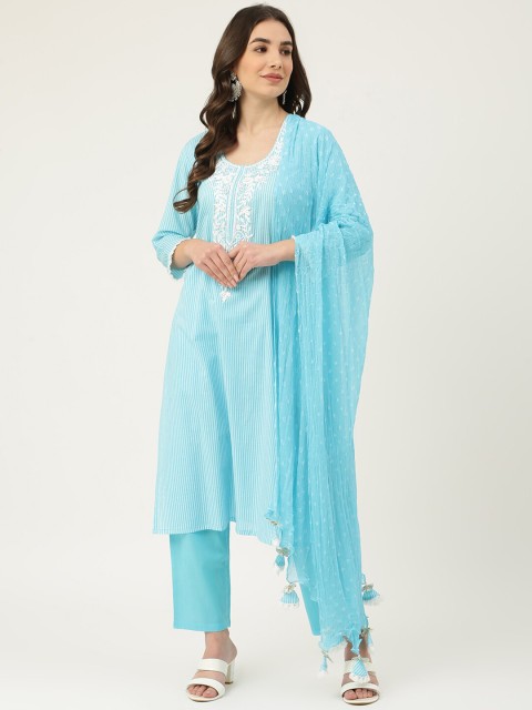 

DECKEDUP Blue & White Embroidered Pure Cotton Unstitched Dress Material