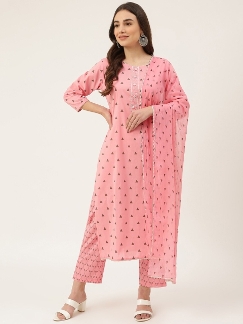 

DECKEDUP Women Pink Geometric Printed Pure Cotton Unstitched Dress Material