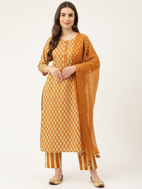 

DECKEDUP Women Mustard Floral Printed Pure Cotton Unstitched Dress Material