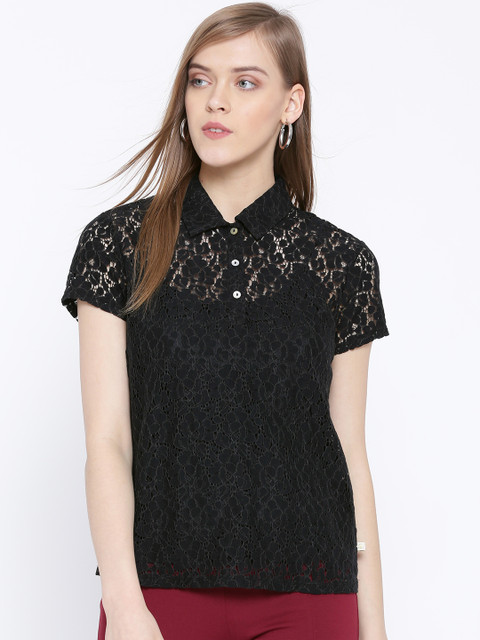 

United Colors of Benetton Women Black Lace Polo Collar T-shirt