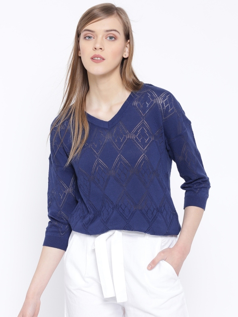

United Colors of Benetton Women Blue Argyle Pattern Sweater