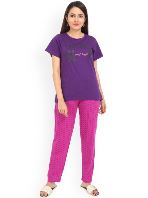 

9shines Label Women Purple & Black Printed Pure Cotton Night suit
