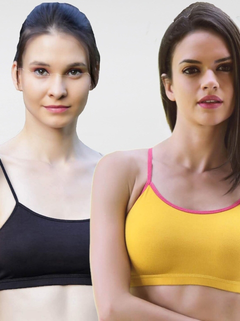 

laavian Pack of 2 Mustard Yellow & Black Beginners Workout Bras