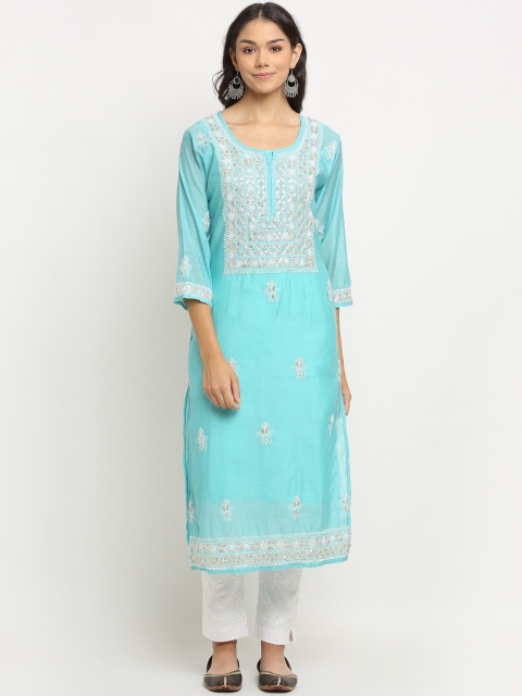 

Saksh Women Turquoise Blue Ethnic Motifs Embroidered Chanderi Cotton Kurta
