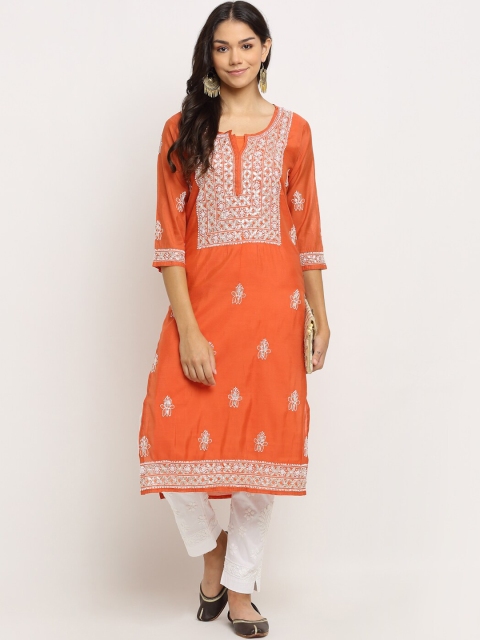 

Saksh Women Rust Orange Floral Yoke Design Thread Work Cotton Kurta