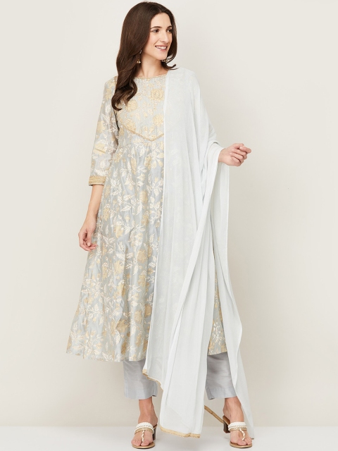

Melange by Lifestyle Women Grey Floral Printed Chanderi Silk Anarkali Kurta